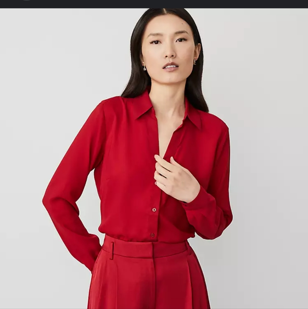 Ann Taylor Red Silk Button-Up Blouse
